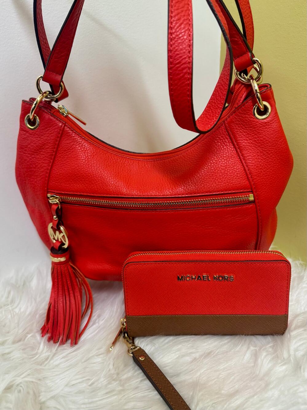 Michael Kors Coral Red Leather Shoulder Bag Wallet Bundle Pebbled & Saffiano